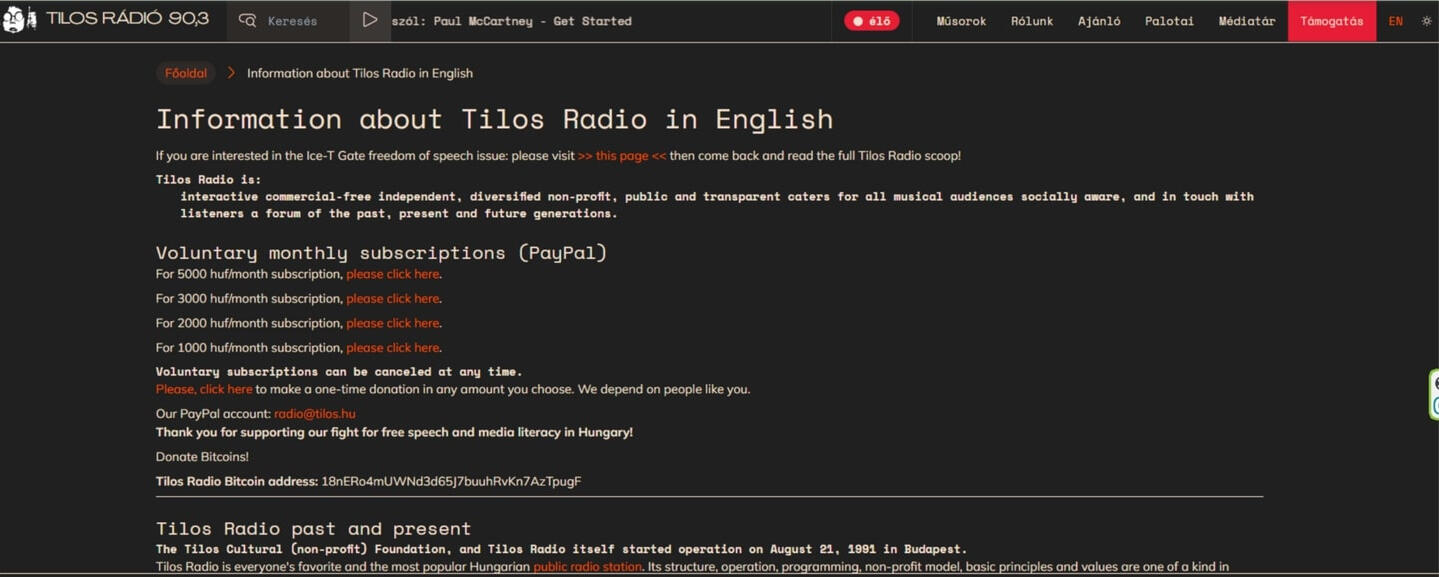 Link To Tilos Radio - English showing webpage schreenshot